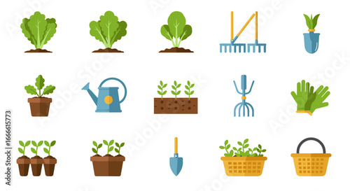 Gardening tools and plants collection: flat design icons for home garden enth…