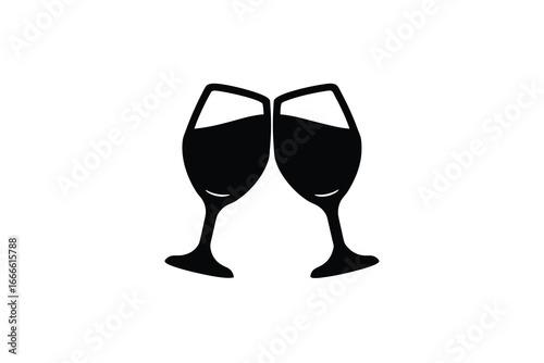 Two wine glasses clinking together in a celebratory toast gesture silhouette
