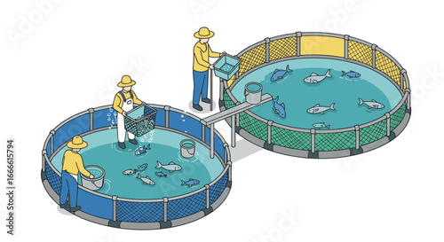 Aquaculture workers managing fish farms in isometric design concept