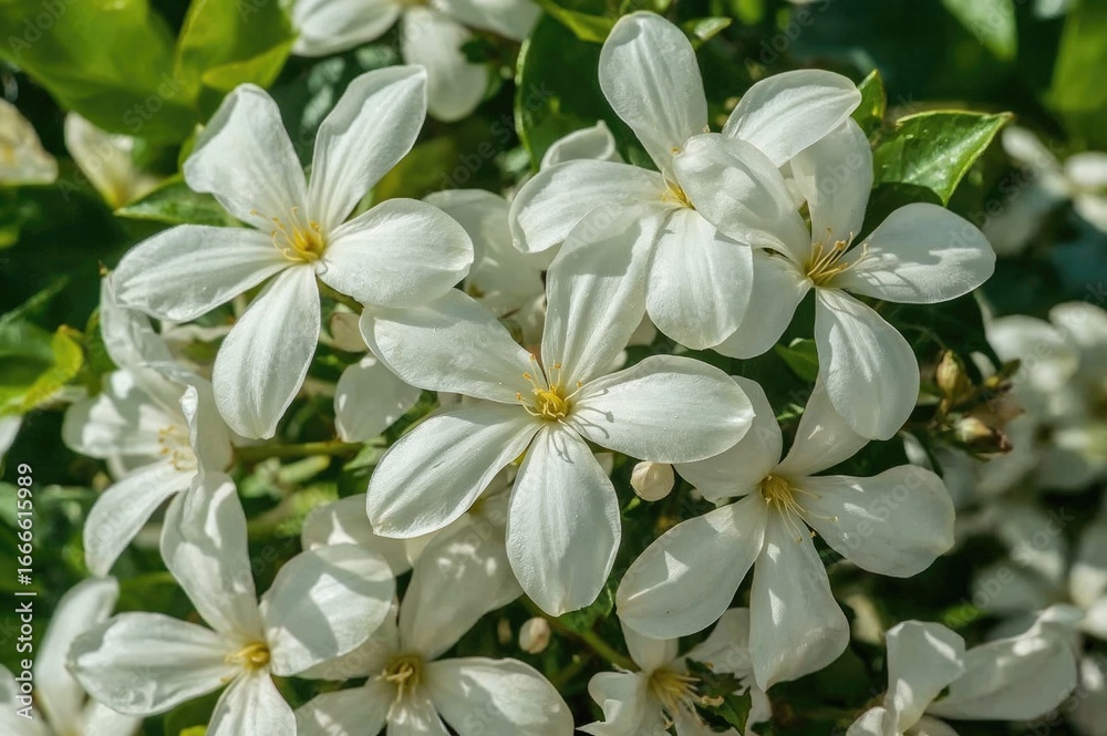 Obraz premium A detailed view of blooming white jasmine blossoms featuring yellow stamens amidst lush green foliage, illuminated to emphasize petal texture.