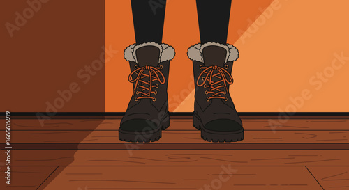 A pair of cartoon boots with orange laces stand on a wooden floor against a warmtoned wall