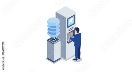 Isometric office scene with employee at water dispenser