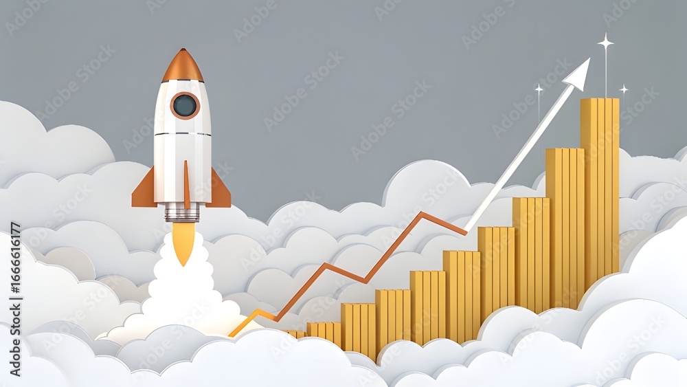 Fototapeta premium Rocket Launching into Clouds with Growth Chart and Indicators
