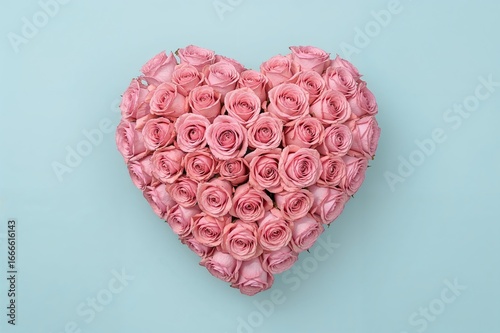 A beautiful heart-formed arrangement of vibrant pink roses on a gentle pastel blue background, ideal for romantic occasions like Valentine's, Easter, weddings, or Mother's Day.
