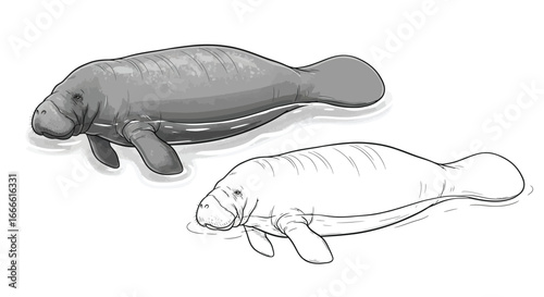 Amazonian Manatee Coloring Page With One in Color and a Detailed Outline Version