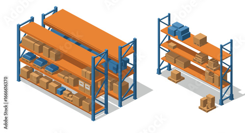 Isometric warehouse shelving with cardboard boxes on metal racks