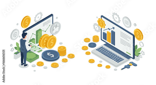 Isometric business growth concepts with charts and coins on digital platforms