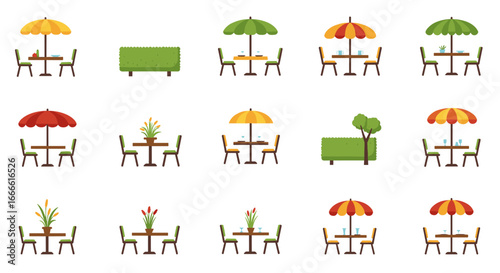 Outdoor café furniture set in flat design featuring tables, chairs, and umbre…