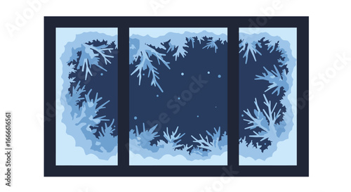 A triplepaned window with intricate frost patterns obscures the view outside