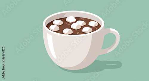 A white mug overflows with hot chocolate and marshmallows casting a subtle shadow on the light teal background