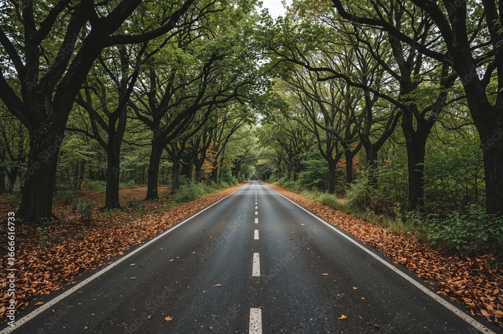 Obraz premium Shaded asphalt trail flanked by oak trees and fallen leaves in an autumn forest setting