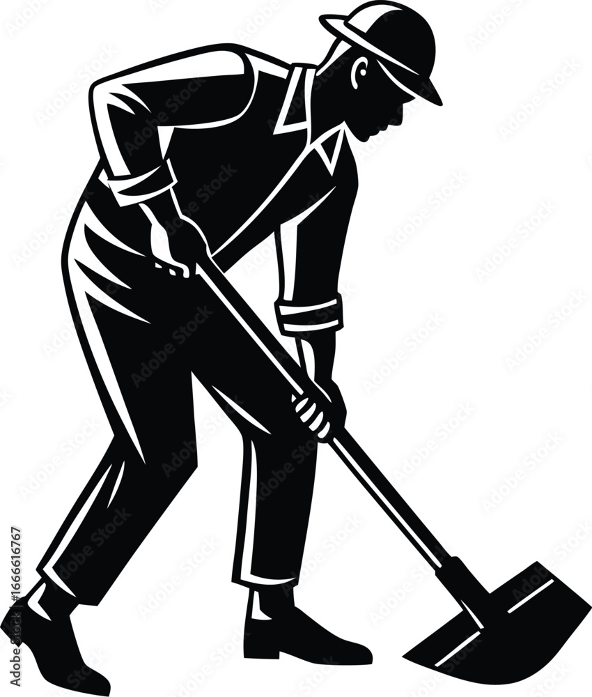Silhouette of a Man Digging with a Shovel in Retro Style Silhouette of a Man Digging with a Shovel in Retro Style