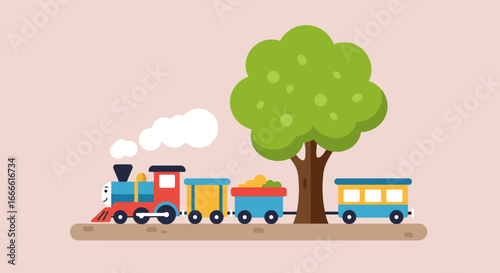 An animated train stands before a tree