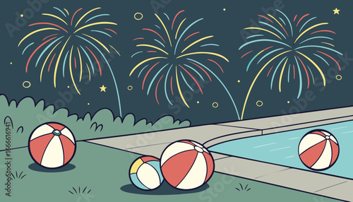 Night scene with beach balls near a pool and fireworks in the sky celebrating a summer party event