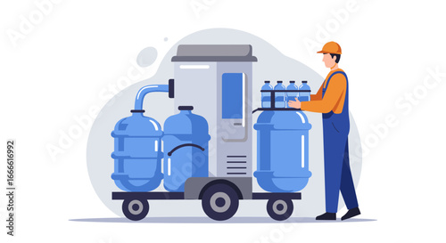 Worker managing water bottling machine in modern factory setup