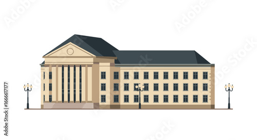 Classical government building with columns and street lamps in flat design