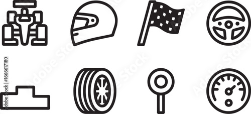 Racing Sport Elements Collection Formula One Car Helmet Flag Steering Wheel Podium Icons