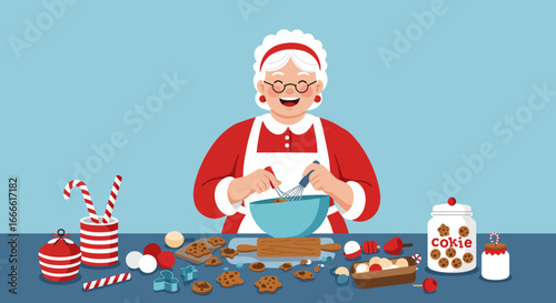 Cartoon Mrs Claus happily mixes batter amidst holiday baking supplies and cookies set against a light blue backdrop