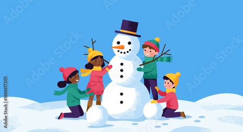 Children build a snowman wearing a top hat and carrot nose in a snowy landscape against a blue sky