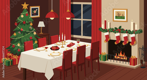 Christmas dining room A set table a lit Christmas tree presents and stockings over a fireplace