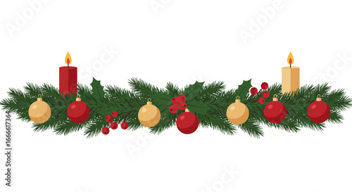 Christmas garland with fir branches candles ornaments and holly berries