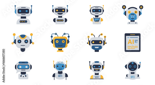 Robotic characters set: diverse cartoon style robot icons for technology and…