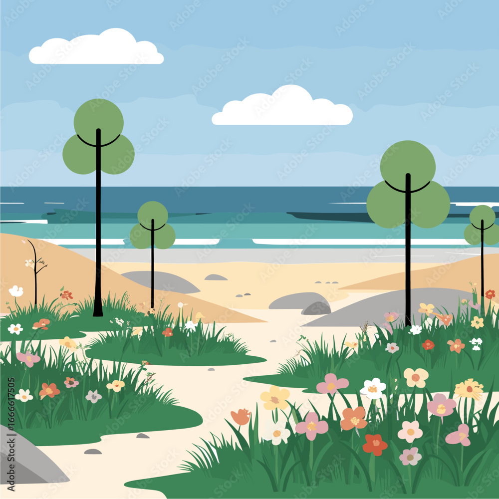 Fototapeta premium Coastal beach landscape vector illustration with wildflowers, green trees, sand, and ocean waves under a blue sky. Flat design nature scene.