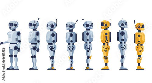 Futuristic robot lineup: modern robotics in flat style