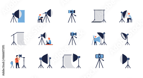 Professional photography equipment icons set for studio and outdoor shooting
