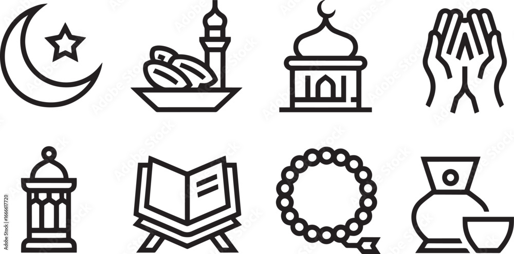 Naklejka premium Ramadan Kareem Icons Set Line Art Style Featuring Crescent Moon, Dates, Mosque, Prayer, and Lantern