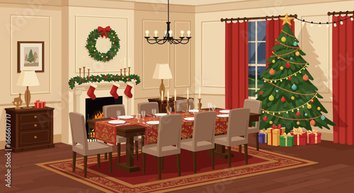 Dining room festively decorated for Christmas featuring a decorated tree fireplace with stockings and set dinner table