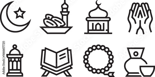 Ramadan Kareem Icons Set Line Art Style Featuring Crescent Moon, Dates, Mosque, Prayer, and Lantern