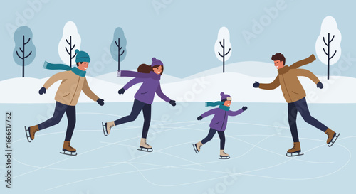 Family ice skating outdoors 2 adults 1 child  a man joyfully skate on an ice rink with stylized trees in the background