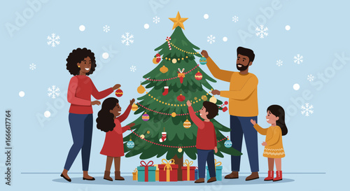 Family of five decorates a Christmas tree together surrounded by gifts in a snowy wintery scene