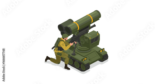Isometric military soldier operating anti-tank missile system