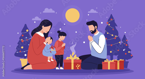 Family prays by presents and bonfire at Christmas night