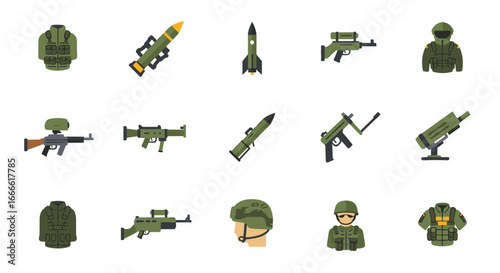 Military equipment icons collection featuring modern weapons and gear in flat…