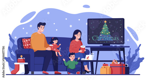 Family watching Christmas tree on TV presents nearby sitting on a blue couch