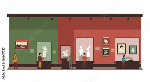 Modern art museum exhibit with visitors observing sculptures and paintings