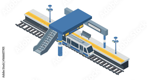 Isometric train station with escalator on white background