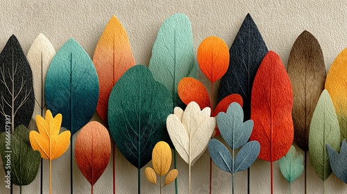 Colorful Long Leaf Abstract Watercolor Painting, Vintage Poster Design with Golden Ratio Symmetrical Layout, Beige Background Warm Toned Tranquil
