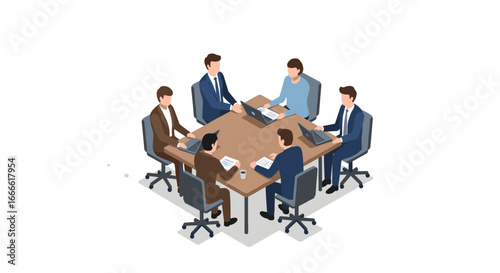 Business meeting around conference table with diverse team in isometric style