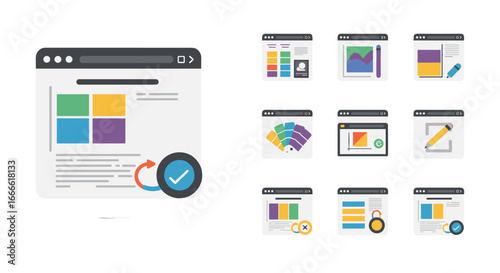 Modern web design interfaces with colorful browser elements and icons