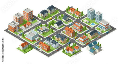 Isometric urban neighborhood with modern architecture and green spaces