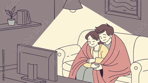 Couple Hugging Under Warm Blanket on Sofa – Vector Illustration of Comfort, Romance, and Cozy Love Atmosphere