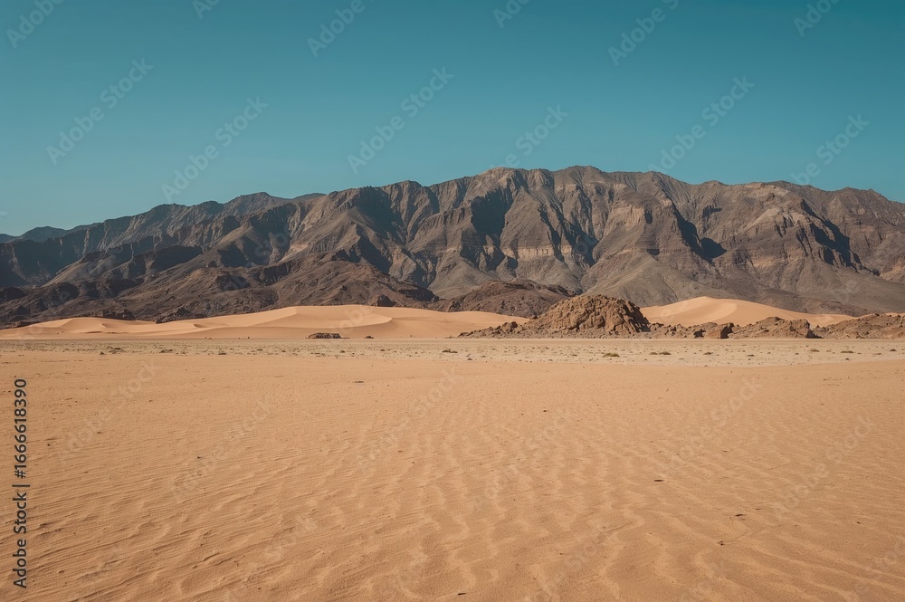 Fototapeta premium Desolate Sandy Terrain and Rocky Peaks