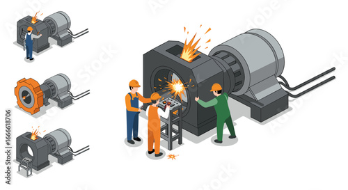 Industrial safety training scene with engineers and faulty machinery in isome…