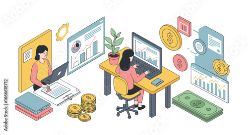 Isometric office productivity: women analyzing financial data with laptops an…