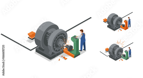Isometric industrial machine work with operator in workshop setting