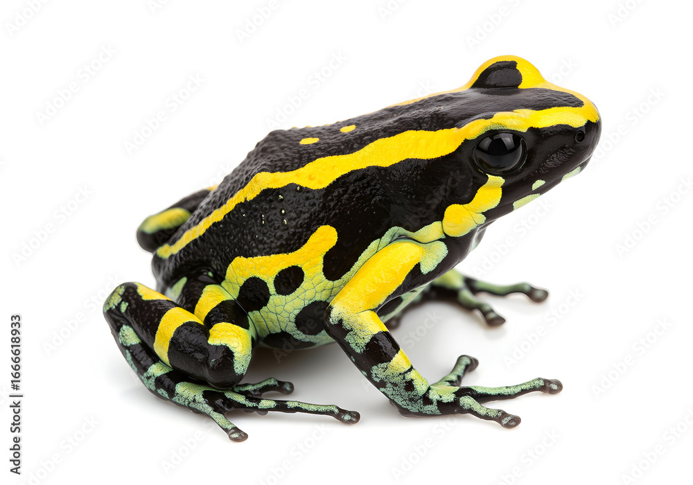 Obraz premium Captivating close-up of a vibrant yellow and black striped frog, showcasing its intricate patterns and remarkable amphibian nature against a clean white backdrop.